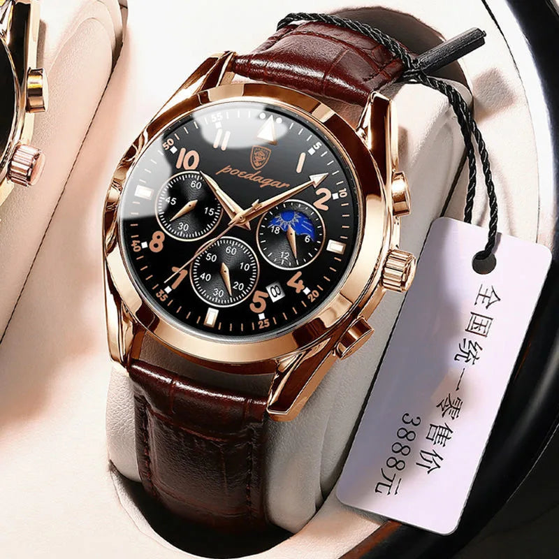 POEDAGAR Men Watches 2021 New Fashion Leather Waterproof Luminous Top Brand Luxury Mens Quartz Wristwatch Relogio Masculino