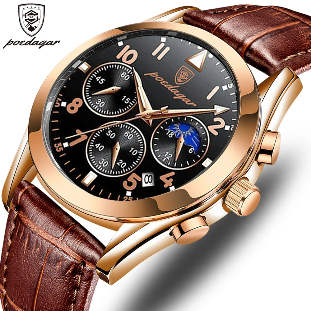 POEDAGAR Men Watches 2021 New Fashion Leather Waterproof Luminous Top Brand Luxury Mens Quartz Wristwatch Relogio Masculino