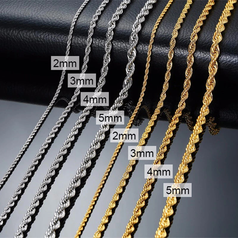 Rope Chain Necklace, Stainless Steel Twisted Rope Link Chain, Long Necklaces 16 To 36 inch