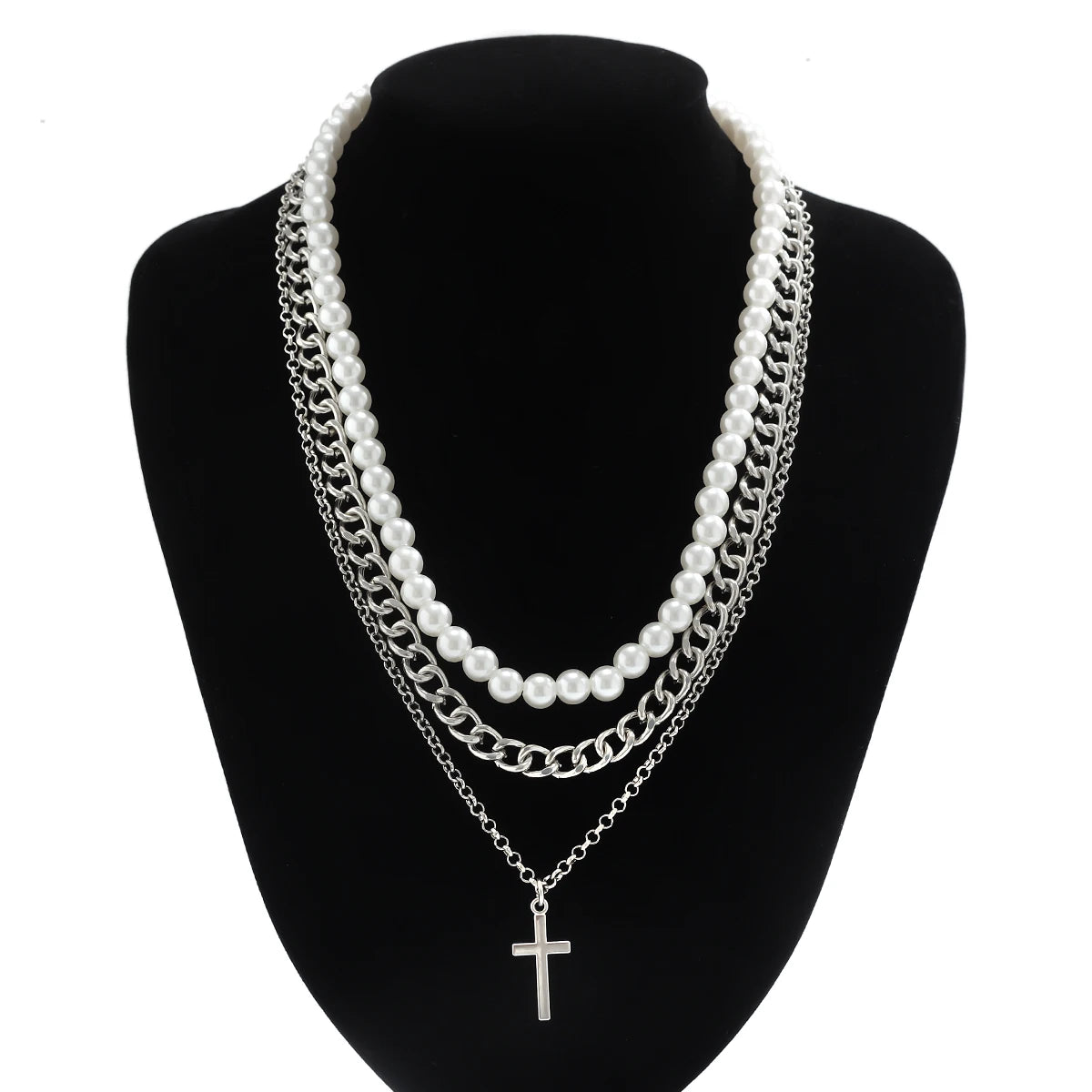 Imitation Pearl and Thick Chain with Cross Pendants Necklace for Men Trendy Separable Chains on Neck Accessories Fashion Jewelry