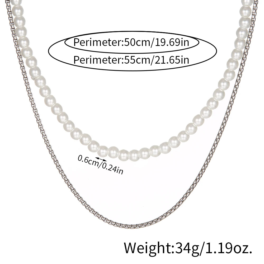 Hip Hop Imitation Pearl Men Necklace Handmade Double Layers Classic Stainless Steel Box Chain Necklace For Men Jewelry Gift