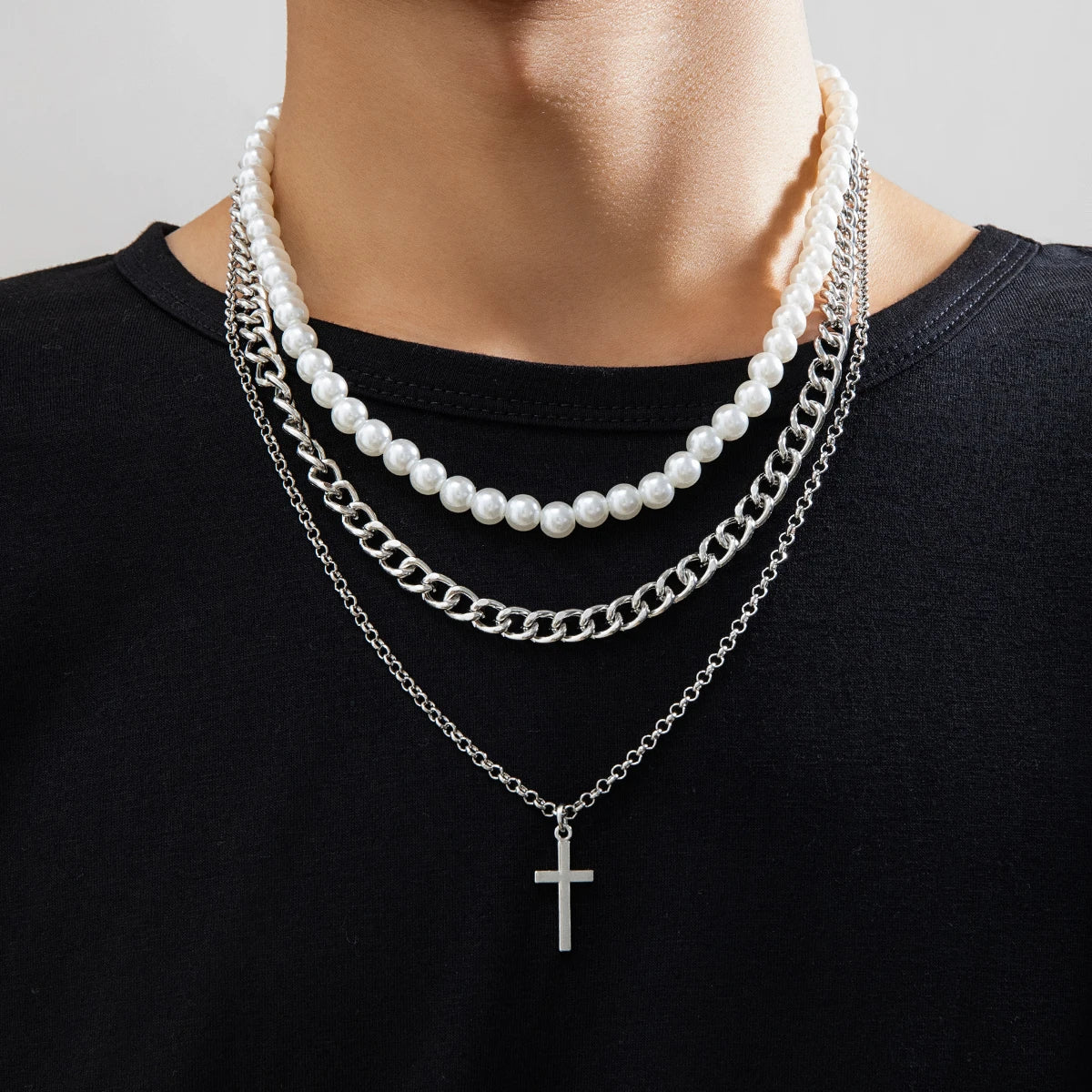 Imitation Pearl and Thick Chain with Cross Pendants Necklace for Men Trendy Separable Chains on Neck Accessories Fashion Jewelry