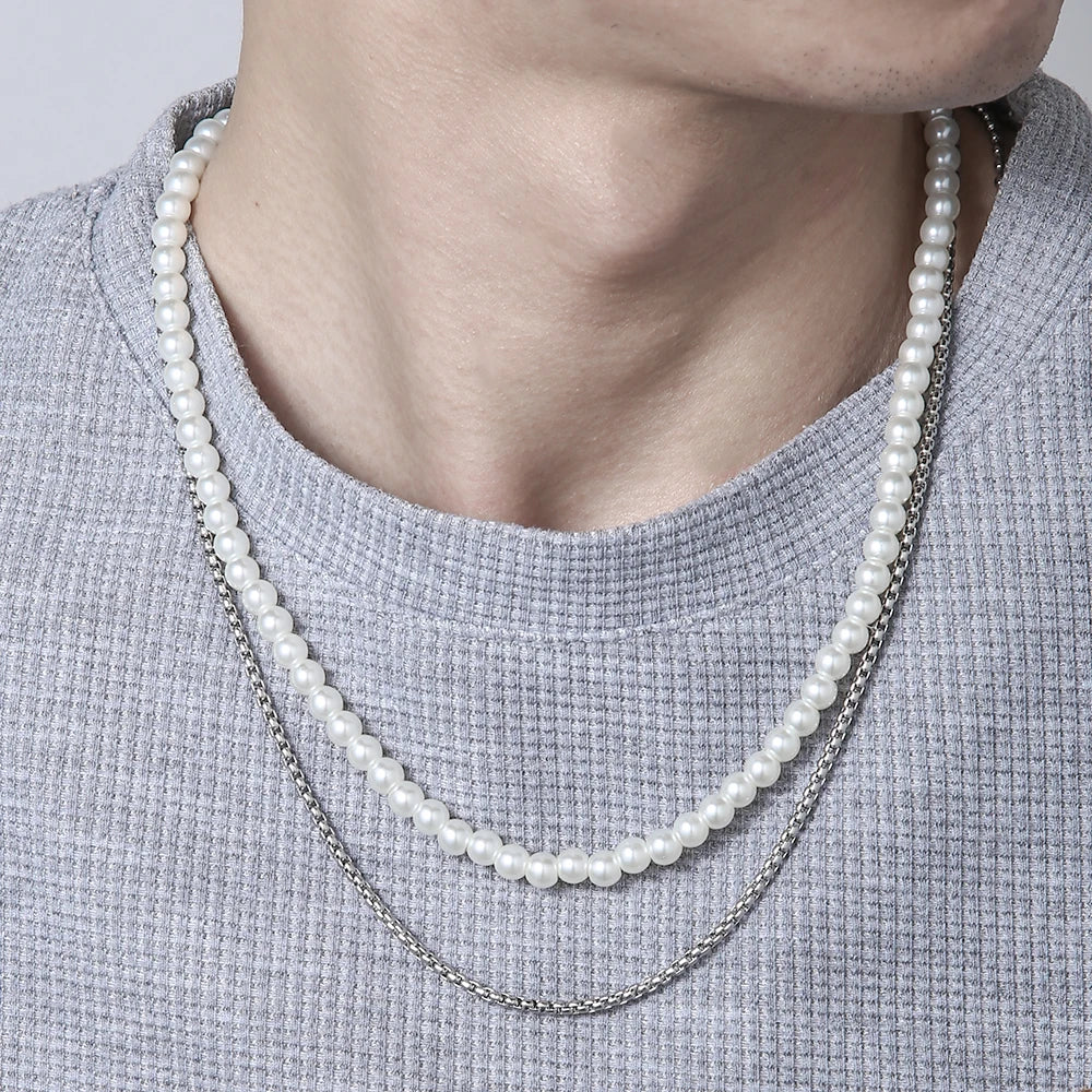 Hip Hop Imitation Pearl Men Necklace Handmade Double Layers Classic Stainless Steel Box Chain Necklace For Men Jewelry Gift
