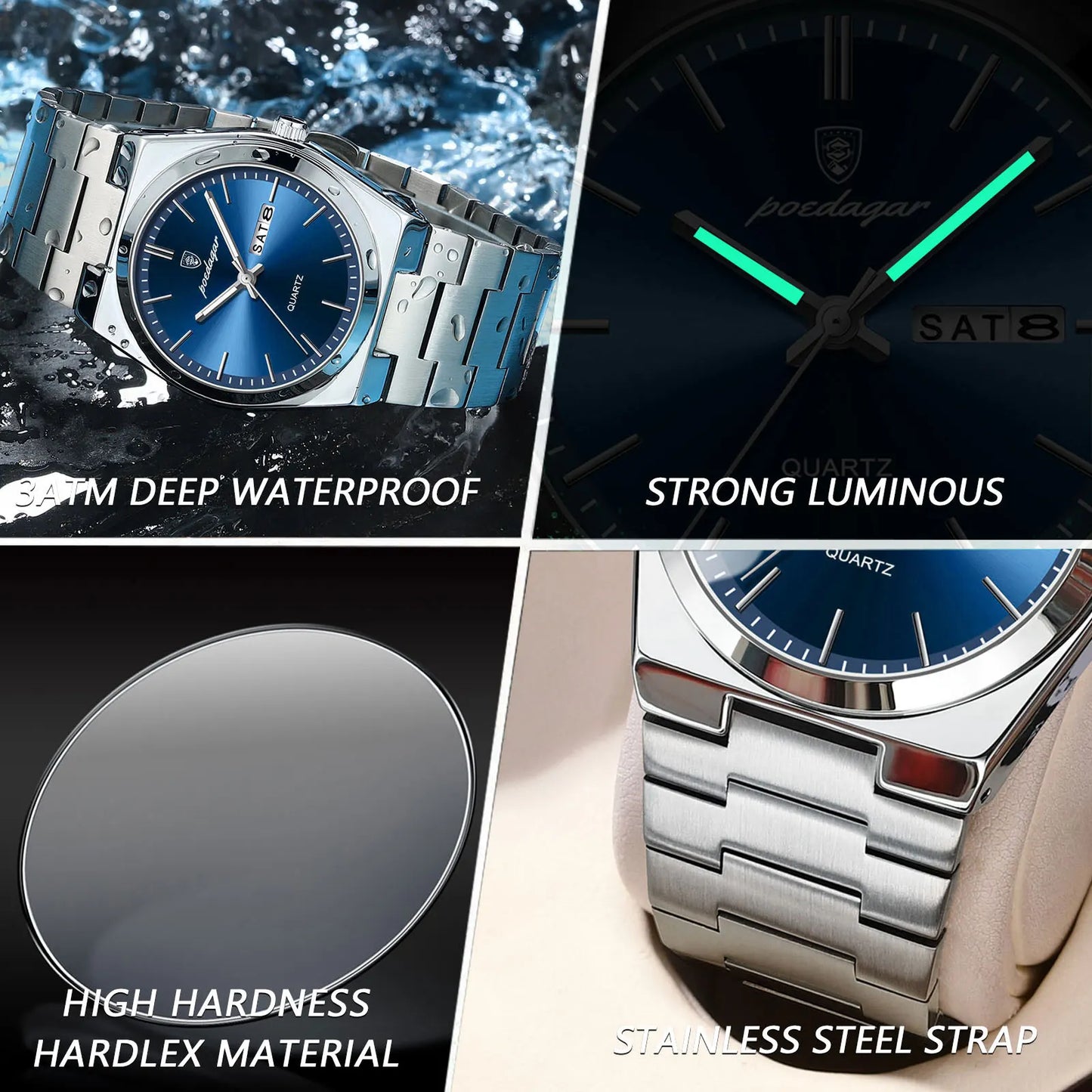 POEDAGAR Luxury Watch For Man Waterproof Luminous Date Week Stainless Steel Men Watch Casual Quartz Men's Watches Male Clock+box
