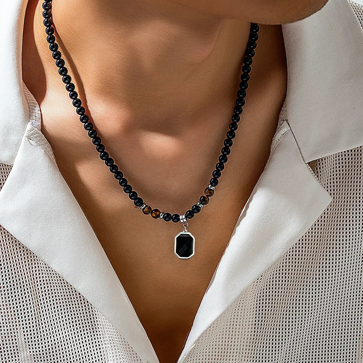 Black Beads with Square Pendant Necklace for Men Trendy Accessories on the Neck Collar 2023 Fashion Jewelry Male Gift Decoration