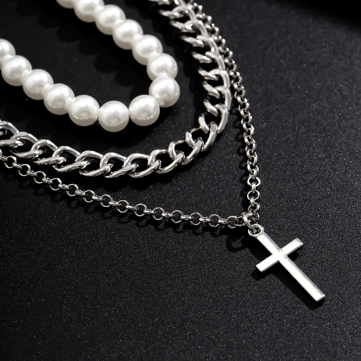 Imitation Pearl and Thick Chain with Cross Pendants Necklace for Men Trendy Separable Chains on Neck Accessories Fashion Jewelry