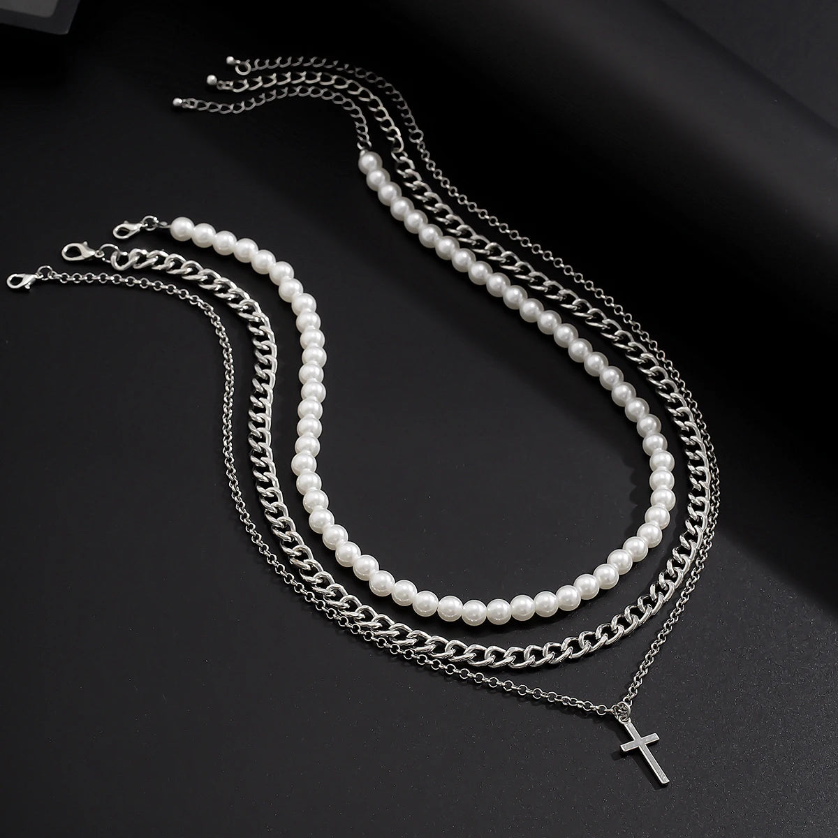 Imitation Pearl and Thick Chain with Cross Pendants Necklace for Men Trendy Separable Chains on Neck Accessories Fashion Jewelry