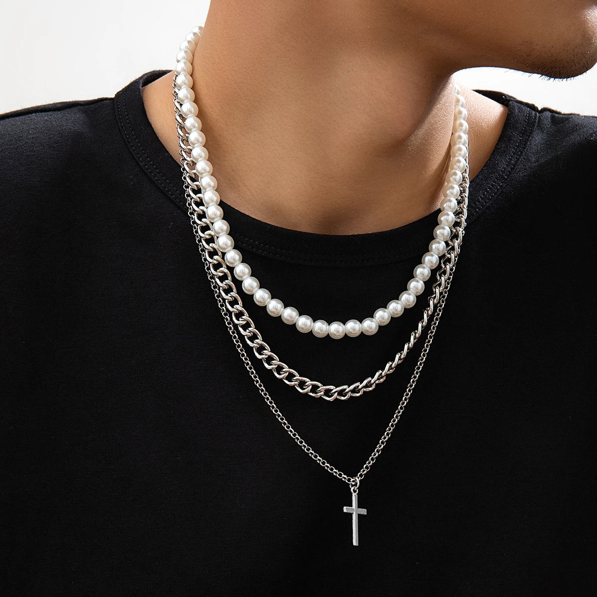 Imitation Pearl and Thick Chain with Cross Pendants Necklace for Men Trendy Separable Chains on Neck Accessories Fashion Jewelry