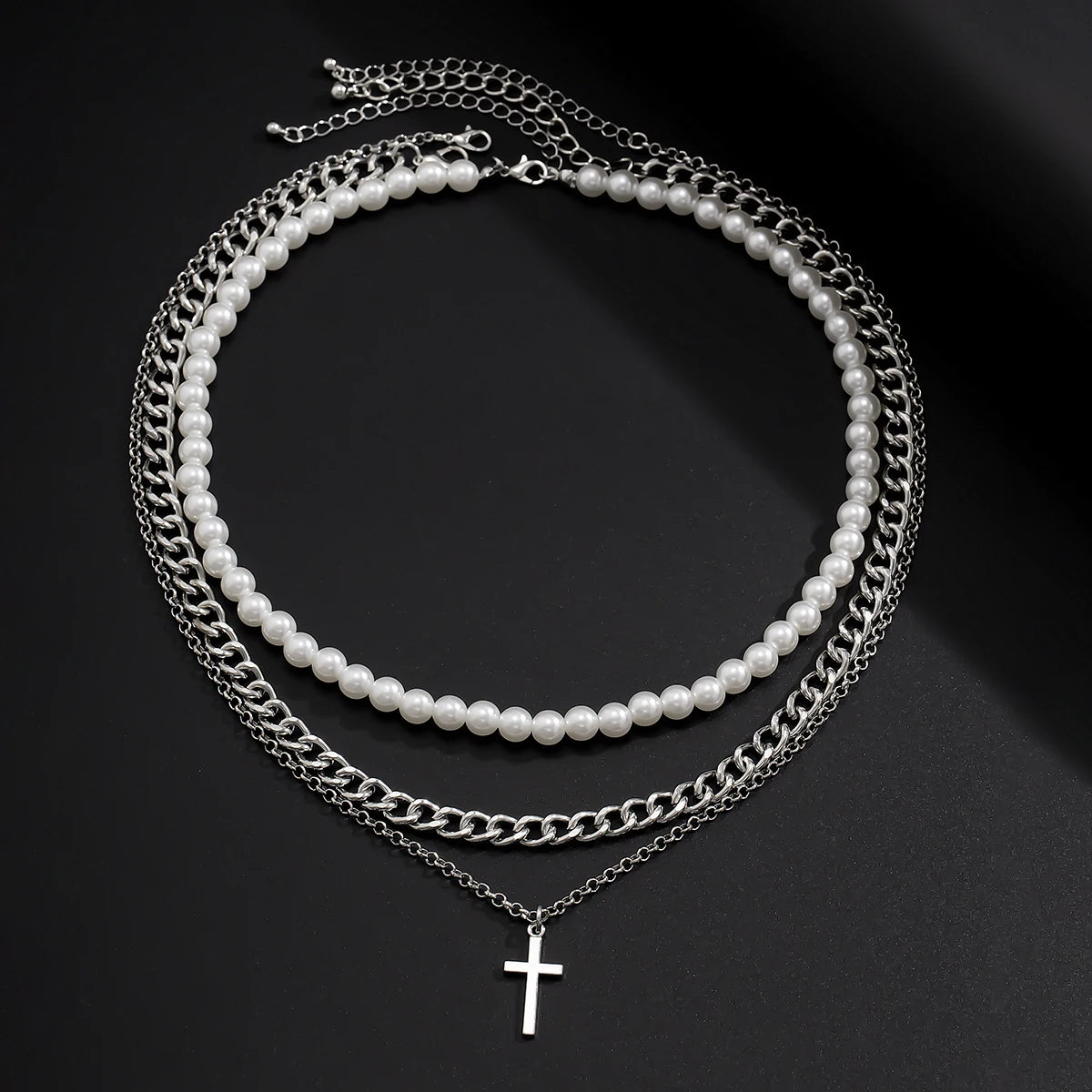 Imitation Pearl and Thick Chain with Cross Pendants Necklace for Men Trendy Separable Chains on Neck Accessories Fashion Jewelry