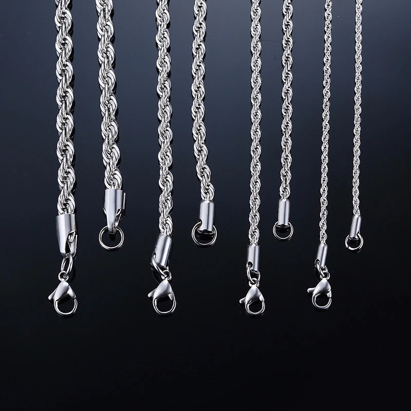 Rope Chain Necklace, Stainless Steel Twisted Rope Link Chain, Long Necklaces 16 To 36 inch